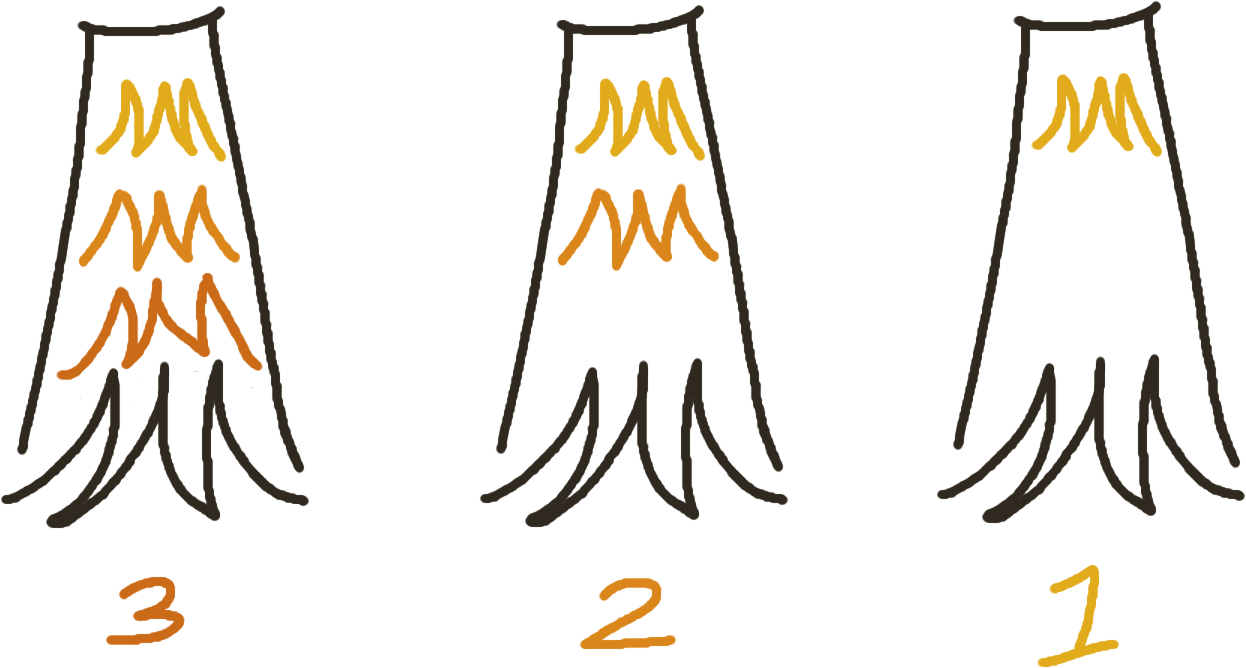 Image of three capes. All use same design with flame like taper at end. First labelled 3 has three shades of red/orange. Next one labelled 2 has two shades. Next one labelled 1 has a single shade.