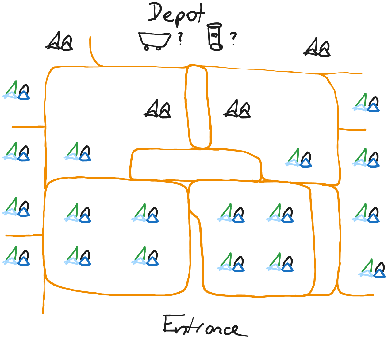 Full overview of mining site, birds eye view. Entrance at bottom, depot at top. Orange cart tracks run through the site, branching out into roughly 3 columns. Tracks surrounded by clusters of addy/mith/coal/runite rocks, higher density near the bottom, and only coal at the top.